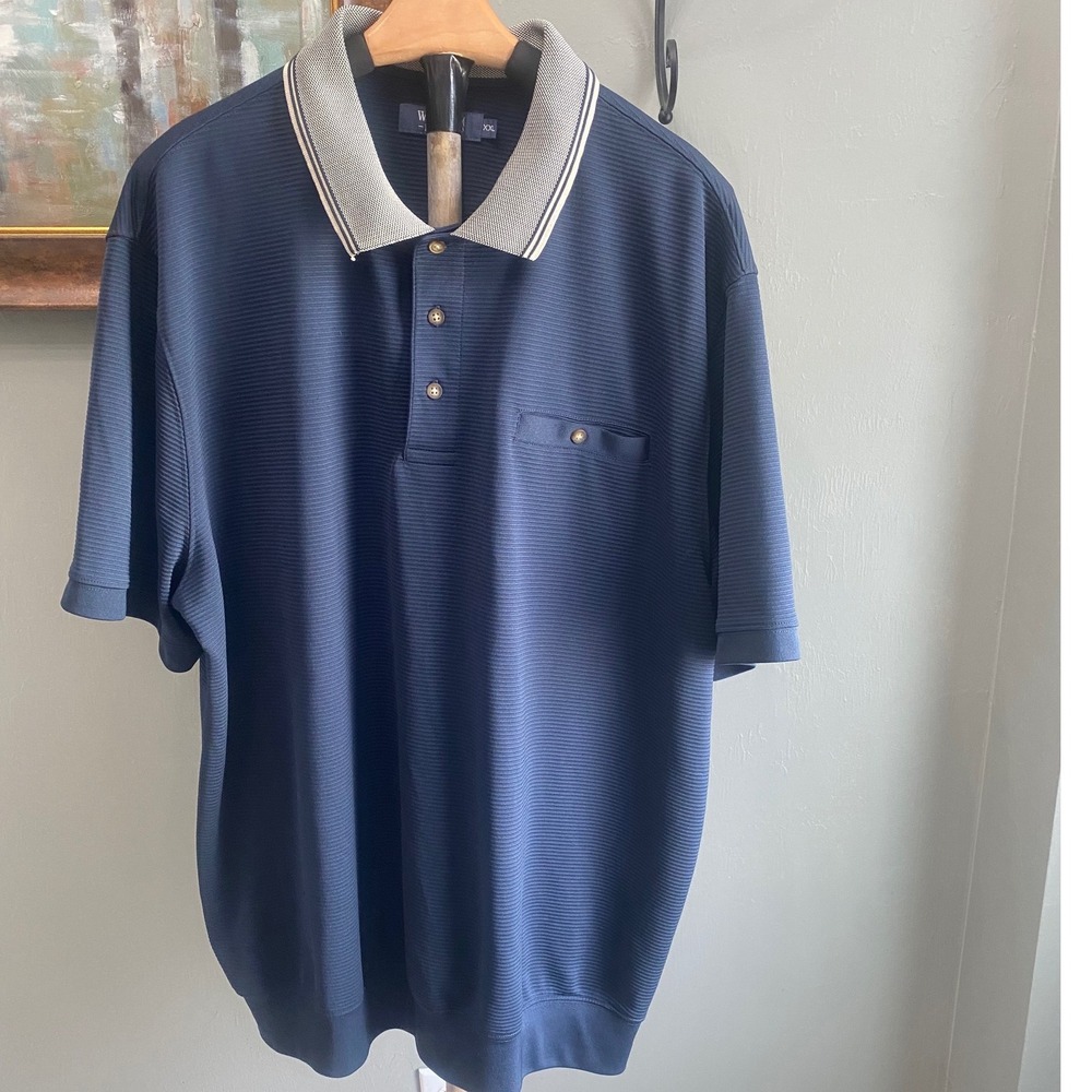 Windham Pointe Mens XXL Navy Blue Ribbed Short Sleeve Polo Shirt Chest Pocket